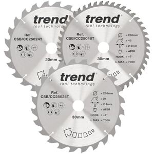 Trend Wood Cordless Mitre Saw Blade, 250mm Diameter, 30mm Bore, 24/48 Teeth, 2.2mm Kerf, +7° Hook, TCT, Coarse/Medium Finish, 3 Pack, CSB/CC250/3/A Trend Wood Cordless Mitre Saw Blade, 250mm Diameter, 30mm Bore, 24/48 Teeth, 2.2mm Kerf, +7° Hook, TCT, Coarse/Medium Finish, 3 Pack, CSB/CC250/3/A