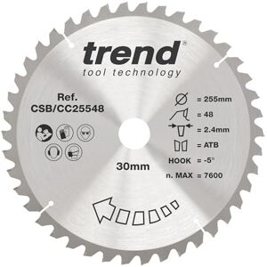 Trend Wood Mitre Saw Blade, 255mm Diameter, 30mm Bore, 48 Teeth, 2.4mm Kerf, -5° Hook, TCT, Medium Finish, CSB/CC25548 Trend Wood Mitre Saw Blade, 255mm Diameter, 30mm Bore, 48 Teeth, 2.4mm Kerf, -5° Hook, TCT, Medium Finish, CSB/CC25548