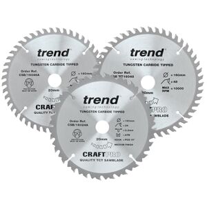 Trend Wood Circular Saw Blades, 160mm Diameter, 20mm Bore, 24/48 Teeth, 2.2mm Kerf, +15/4° Hook, TCT, Medium/Fine/S.Fine Finish, 3 Pack, CSB/160/3PK/A Trend Wood Circular Saw Blades, 160mm Diameter, 20mm Bore, 24/48 Teeth, 2.2mm Kerf, +15/4° Hook, TCT, Medium/Fine/S.Fine Finish, 3 Pack, CSB/160/3PK/A