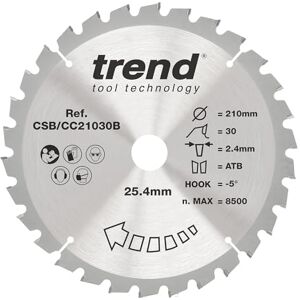 Trend Wood Mitre Saw Blade, 210mm Diameter, 25.40mm Bore, 30 Teeth, 2.4mm Kerf, -5° Hook, TCT, Medium Finish, CSB/CC21030B Trend Wood Mitre Saw Blade, 210mm Diameter, 25.40mm Bore, 30 Teeth, 2.4mm Kerf, -5° Hook, TCT, Medium Finish, CSB/CC21030B