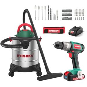 HYCHIKA BETTER TOOLS FOR BETTER LIFE HYCHIKA 53pcs Brushless Cordless Drill Set + 3 in 1 Wet and Dry Vacuum Cleaner (1200 W, 20 L, 6 M Cleaning Range) 18V Electric Power Drill with 60Nm Max, 21+3 Torque, 2.0Ah Battery HYCHIKA BETTER TOOLS FOR BETTER LIFE HYCHIKA 53pcs Brushless Cordless Drill Set + 3 in 1 Wet and Dry Vacuum Cleaner (1200 W, 20 L, 6 M Cleaning Range) 18V Electric Power Drill with 60Nm Max, 21+3 Torque, 2.0Ah Battery