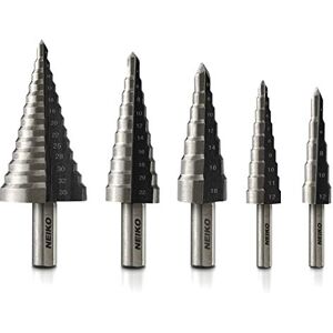 Neiko 10198A Step Drill Bit Set 5 Piece, 4mm- 35mm Metric Titanium High Speed Steel Unibit, Stepper Cone Drill Bit Two Flute Step Down Bits, 135 Degree Point Neiko 10198A Step Drill Bit Set 5 Piece, 4mm- 35mm Metric Titanium High Speed Steel Unibit, Stepper Cone Drill Bit Two Flute Step Down Bits, 135 Degree Point