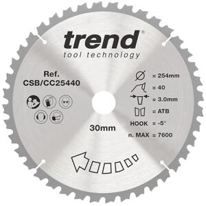 Trend Wood Mitre Saw Blade, 254mm Diameter, 30mm Bore, 40 Teeth, 3mm Kerf, -5° Hook, TCT, Medium Finish, CSB/CC25440 Trend Wood Mitre Saw Blade, 254mm Diameter, 30mm Bore, 40 Teeth, 3mm Kerf, -5° Hook, TCT, Medium Finish, CSB/CC25440