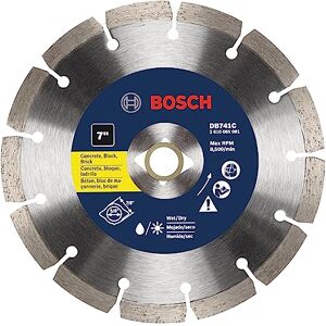 Bosch DB741C 7 in. Premium Segmented Rim Diamond Blade with 5/8 in., 7/8 in. Arbor for Universal Rough Cut Wet/Dry Cutting Applications in Concrete, Brick, Block Bosch DB741C 7 in. Premium Segmented Rim Diamond Blade with 5/8 in., 7/8 in. Arbor for Universal Rough Cut Wet/Dry Cutting Applications in Concrete, Brick, Block