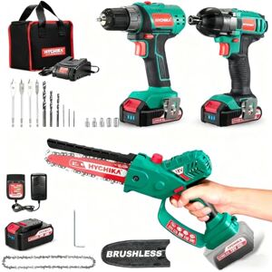 HYCHIKA BETTER TOOLS FOR BETTER LIFE HYCHIKA Power Tool Combo Kit, Screwdriver 35 N.m + Impact Driver 160 N.m + 8 Inch Brushless Electric Chainsaw, Power Tools Set for Home Garden Outdoor HYCHIKA BETTER TOOLS FOR BETTER LIFE HYCHIKA Power Tool Combo Kit, Screwdriver 35 N.m + Impact Driver 160 N.m + 8 Inch Brushless Electric Chainsaw, Power Tools Set for Home Garden Outdoor