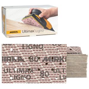 Mirka Ultimax Ligno Abrasive Sheets 81x133mm, grit P80, Long-Lasting Latex Paper, Hook & Loop, Multifit Pattern, 50 Pieces Mirka Ultimax Ligno Abrasive Sheets 81x133mm, grit P80, Long-Lasting Latex Paper, Hook & Loop, Multifit Pattern, 50 Pieces