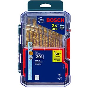 Bosch TI29 29-Piece Assorted Set Titanium Nitride Coated Metal Drill Bits with Included Case with Three-Flat Shank for Applications in Heavy-Gauge Carbon Steels, Light Gauge Metal, Hardwood Bosch TI29 29-Piece Assorted Set Titanium Nitride Coated Metal Drill Bits with Included Case with Three-Flat Shank for Applications in Heavy-Gauge Carbon Steels, Light Gauge Metal, Hardwood