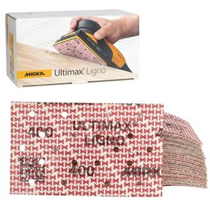 Mirka Ultimax Ligno Sandpaper 81x133mm, grit P400, Multifit Hole Pattern, Grip Backing, for Clean and Precise Wood Sanding, 50 Pieces Mirka Ultimax Ligno Sandpaper 81x133mm, grit P400, Multifit Hole Pattern, Grip Backing, for Clean and Precise Wood Sanding, 50 Pieces