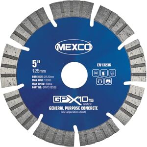 Mexco GPX10-15 General Purpose Concrete Diamond Blade, Cutting Disc for Non-Abrasive Building Materials 125mm, 15mm Segment Height, 22.23mm Bore Mexco GPX10-15 General Purpose Concrete Diamond Blade, Cutting Disc for Non-Abrasive Building Materials 125mm, 15mm Segment Height, 22.23mm Bore