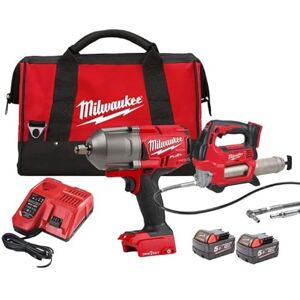 Milwaukee M18ONEPP2Q-502B 18v Cordless M18GG Grease Gun + M18ONEFHIWF34 3/4 Wrench Kit 2 x 5.0ah Batteries Milwaukee M18ONEPP2Q-502B 18v Cordless M18GG Grease Gun + M18ONEFHIWF34 3/4 Wrench Kit 2 x 5.0ah Batteries