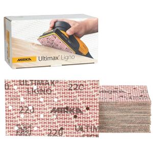 Mirka Ultimax Ligno Sandpaper, grit P220, size 81x133mm, Multifit Hole Pattern, Hook and Loop, for Efficient Wood Sanding, 50 Pieces Mirka Ultimax Ligno Sandpaper, grit P220, size 81x133mm, Multifit Hole Pattern, Hook and Loop, for Efficient Wood Sanding, 50 Pieces