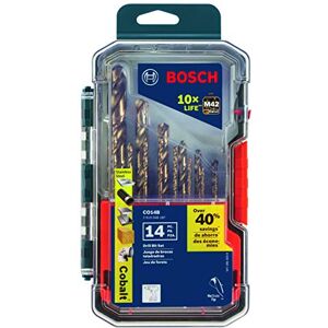 Bosch CO14B 14-Piece Assorted Set with Included Case Cobalt M42 Metal Drill Bit with Three-Flat Shank for Drilling Applications in Stainless Steel, Cast Iron, Titanium, Light-Gauge Metal, Aluminum Bosch CO14B 14-Piece Assorted Set with Included Case Cobalt M42 Metal Drill Bit with Three-Flat Shank for Drilling Applications in Stainless Steel, Cast Iron, Titanium, Light-Gauge Metal, Aluminum