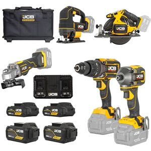 JCB 18V 5-Piece Pro Power Tool Kit, Brushless Drill 160Nm, Impact Driver 230Nm, Saw, Grinder, Jigsaw, Batteries & Charger, 3 Year Warranty JCB 18V 5-Piece Pro Power Tool Kit, Brushless Drill 160Nm, Impact Driver 230Nm, Saw, Grinder, Jigsaw, Batteries & Charger, 3 Year Warranty