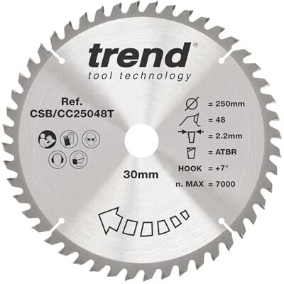 Trend Wood Cordless ATBR Mitre Saw Blade, 250mm Diameter, 30mm Bore, 48 Teeth, 2.2mm Kerf, +7° Hook, TCT, Medium Finish, CSB/CC25048T Trend Wood Cordless ATBR Mitre Saw Blade, 250mm Diameter, 30mm Bore, 48 Teeth, 2.2mm Kerf, +7° Hook, TCT, Medium Finish, CSB/CC25048T