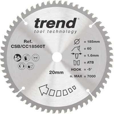 Trend Wood Cordless Mitre Saw Blade, 185mm Diameter, 20mm Bore, 60 Teeth, 1.6mm Kerf, -5° Hook, TCT, Extra-Fine Finish, CSB/CC18560T Trend Wood Cordless Mitre Saw Blade, 185mm Diameter, 20mm Bore, 60 Teeth, 1.6mm Kerf, -5° Hook, TCT, Extra-Fine Finish, CSB/CC18560T