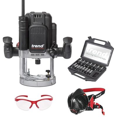 Trend T12 Ultimate Routing Starter Set, T12EK Variable Speed Plunge Router (2300W, 1/2 Inch, 240V), 15-Piece 1/2 Inch Router Cutter Set, Dust Mask & Safety Glasses, T12/START/SET Trend T12 Ultimate Routing Starter Set, T12EK Variable Speed Plunge Router (2300W, 1/2 Inch, 240V), 15-Piece 1/2 Inch Router Cutter Set, Dust Mask & Safety Glasses, T12/START/SET
