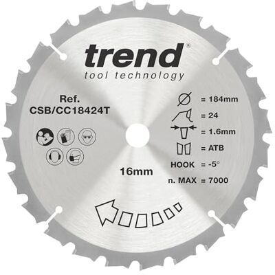 Trend Wood Cordless Mitre Saw Blade, 184mm Diameter, 16mm Bore, 24 Teeth, 1.6mm Kerf, -5° Hook, TCT, Medium Finish, CSB/CC18424T Trend Wood Cordless Mitre Saw Blade, 184mm Diameter, 16mm Bore, 24 Teeth, 1.6mm Kerf, -5° Hook, TCT, Medium Finish, CSB/CC18424T