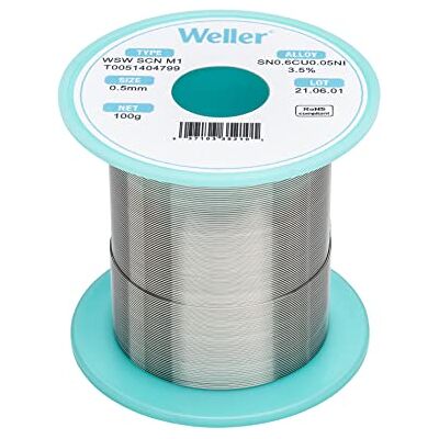 Weller WSW SCN M1 (T0051404799) Solder Wire, Dia: 0.5 mm / 0.020 in, Wt: 100 g / 3.527 oz, Alloy Sn99.3Cu0.6Ni0.05, Flux Content 3.5% Weller WSW SCN M1 (T0051404799) Solder Wire, Dia: 0.5 mm / 0.020 in, Wt: 100 g / 3.527 oz, Alloy Sn99.3Cu0.6Ni0.05, Flux Content 3.5%
