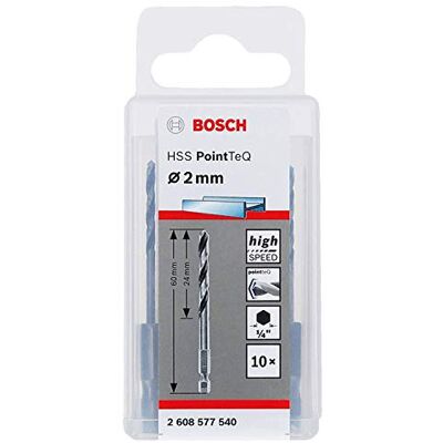 Bosch Professional 10pc PointTeQ Hex Drill Bit (for Metal, Ø: 2.0 mm, Total Length: 60 mm, ¼’’ Hex Shank, Accessory for Impact Drivers and Drill Drivers) Bosch Professional 10pc PointTeQ Hex Drill Bit (for Metal, Ø: 2.0 mm, Total Length: 60 mm, ¼’’ Hex Shank, Accessory for Impact Drivers and Drill Drivers)