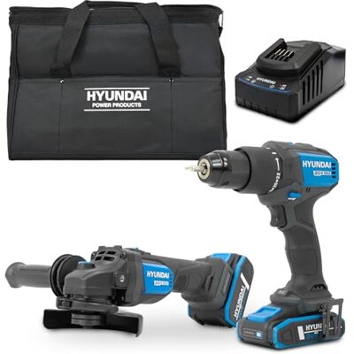 Hyundai 20V Cordless Tool Kit, Brushless Hammer Drill 60Nm, 115mm Angle Grinder, 2.0Ah & 4.0Ah Batteries, Charger Hyundai 20V Cordless Tool Kit, Brushless Hammer Drill 60Nm, 115mm Angle Grinder, 2.0Ah & 4.0Ah Batteries, Charger