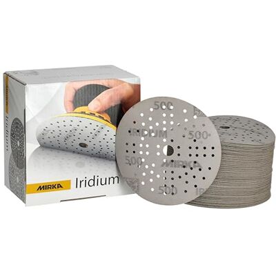 Mirka Iridium Premium Sandpaper Ø 125mm Hook & loop 89-Hole, Grit 500, 100 pcs/For sanding of paint, putty, primer, wood, steel, mineral materials, plastic. Mirka Iridium Premium Sandpaper Ø 125mm Hook & loop 89-Hole, Grit 500, 100 pcs/For sanding of paint, putty, primer, wood, steel, mineral materials, plastic.