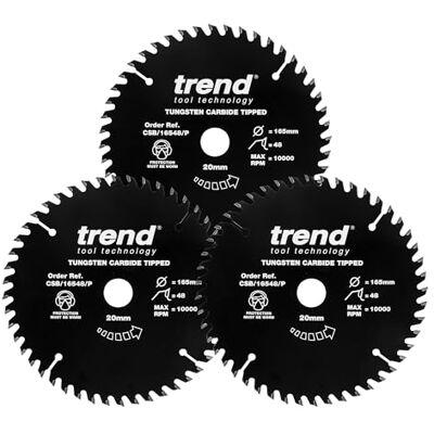 Trend Wood PTFE Circular Saw Blades, Triple Pack, 160mm Diameter, 20mm Bore, 48 Teeth, TCT, 2.2mm Kerf, 3 Pack, CSB/160/3PK/P Trend Wood PTFE Circular Saw Blades, Triple Pack, 160mm Diameter, 20mm Bore, 48 Teeth, TCT, 2.2mm Kerf, 3 Pack, CSB/160/3PK/P