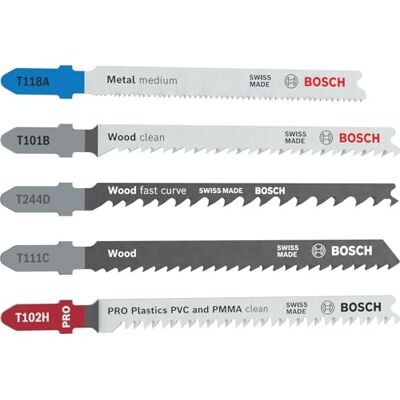 Bosch 5X Multi Material Jigsaw Blade Set, 5 pcs for Plastics, Softwood, 170 x 80 mm, Bosch 5X Multi Material Jigsaw Blade Set, 5 pcs for Plastics, Softwood, 170 x 80 mm,
