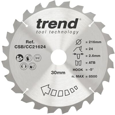 Trend Wood Mitre Saw Blade, 216mm Diameter, 30mm Bore, 24 Teeth, 2.6mm Kerf, -5° Hook, TCT, Coarse Finish, CSB/CC21624 Trend Wood Mitre Saw Blade, 216mm Diameter, 30mm Bore, 24 Teeth, 2.6mm Kerf, -5° Hook, TCT, Coarse Finish, CSB/CC21624