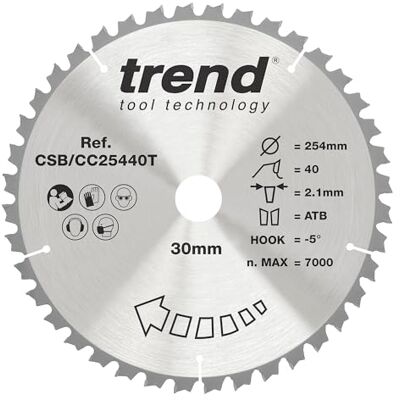 Trend Wood Cordless Mitre Saw Blade, 254mm Diameter, 30mm Bore, 60 Teeth, 2.1mm Kerf, -5° Hook, TCT, Fine Finish, CSB/CC25460T Trend Wood Cordless Mitre Saw Blade, 254mm Diameter, 30mm Bore, 60 Teeth, 2.1mm Kerf, -5° Hook, TCT, Fine Finish, CSB/CC25460T