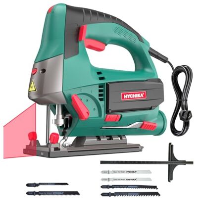 HYCHIKA BETTER TOOLS FOR BETTER LIFE HYCHIKA Jig Saws, 800W Max Cutting Depth 110mm for Metal, 800-3000 SPM Electric Jigsaw with Class 2 Laser, 6 Variable Speeds, 0-3 Orbital Sets, -45° to +45° Bevel Cutting, 6 Blades HYCHIKA BETTER TOOLS FOR BETTER LIFE HYCHIKA Jig Saws, 800W Max Cutting Depth 110mm for Metal, 800-3000 SPM Electric Jigsaw with Class 2 Laser, 6 Variable Speeds, 0-3 Orbital Sets, -45° to +45° Bevel Cutting, 6 Blades