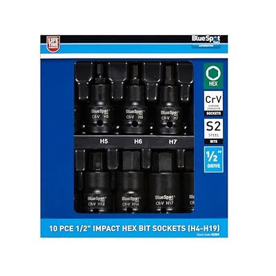 Bluespot Impact Allen Key Hex 1/2" Drive Bit Socket Set H4 - H19 Bits 10pc Bluespot Impact Allen Key Hex 1/2" Drive Bit Socket Set H4 - H19 Bits 10pc