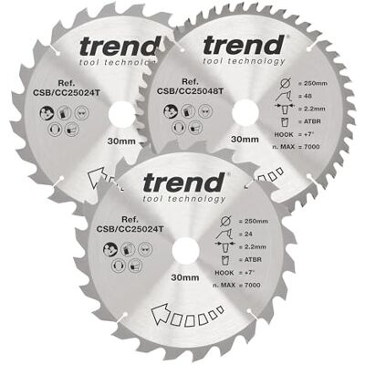 Trend Wood Cordless Mitre Saw Blade, 250mm Diameter, 30mm Bore, 24/48 Teeth, 2.2mm Kerf, +7° Hook, TCT, Coarse/Medium Finish, 3 Pack, CSB/CC250/3/A Trend Wood Cordless Mitre Saw Blade, 250mm Diameter, 30mm Bore, 24/48 Teeth, 2.2mm Kerf, +7° Hook, TCT, Coarse/Medium Finish, 3 Pack, CSB/CC250/3/A