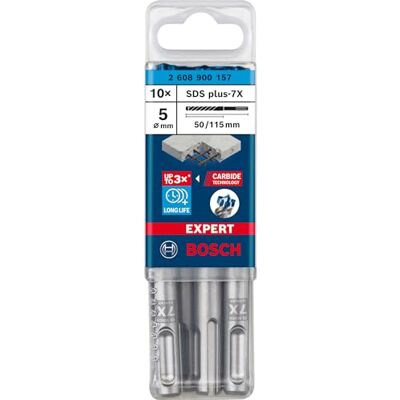 Bosch Drill Expert SDS-plus-7X Hammer Drill Bit Diameter 5 mm Pack of 10 Bosch Drill Expert SDS-plus-7X Hammer Drill Bit Diameter 5 mm Pack of 10