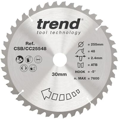 Trend Wood Mitre Saw Blade, 255mm x 30mm Bore, 48 Teeth, TCT Precision TCT Blade For Clean Crosscuts In Softwood And Hardwood. 2.4mm Kerf, -5° Hook, CSB/CC25548 Trend Wood Mitre Saw Blade, 255mm x 30mm Bore, 48 Teeth, TCT Precision TCT Blade For Clean Crosscuts In Softwood And Hardwood. 2.4mm Kerf, -5° Hook, CSB/CC25548