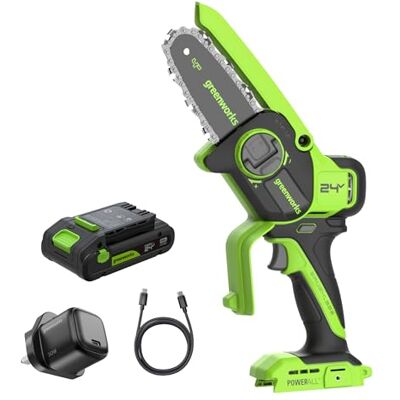 Greenworks 24V Mini Chainsaw Brushless 4in (10cm), Cordless Battery Chainsaw with Auto-Oil System, 7.8m/s Cutting Speed, Electric Saw with 2Ah Battery and 30W USB C Charger Greenworks 24V Mini Chainsaw Brushless 4in (10cm), Cordless Battery Chainsaw with Auto-Oil System, 7.8m/s Cutting Speed, Electric Saw with 2Ah Battery and 30W USB C Charger