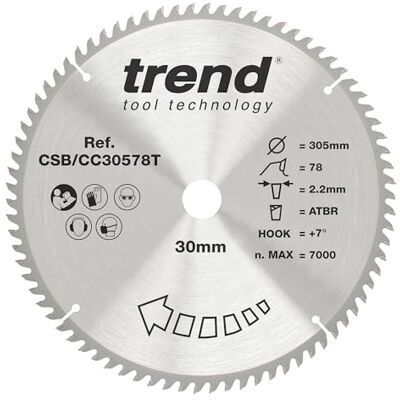 Trend Wood Cordless ATBR Mitre Saw Blade, 305mm Diameter, 30mm Bore, 78 Teeth, 2.2mm Kerf, +7° Hook, TCT, Fine Finish, CSB/CC30578T Trend Wood Cordless ATBR Mitre Saw Blade, 305mm Diameter, 30mm Bore, 78 Teeth, 2.2mm Kerf, +7° Hook, TCT, Fine Finish, CSB/CC30578T