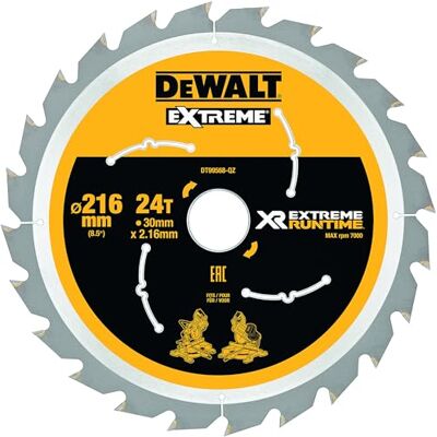 DeWalt DT99568 216 mm x 30 mm x 24T XR Extreme Runtime Mitre Saw Blade Yellow/Black/Silver DeWalt DT99568 216 mm x 30 mm x 24T XR Extreme Runtime Mitre Saw Blade Yellow/Black/Silver