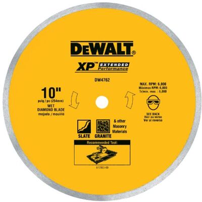 DeWalt Diamond Blade for Porcelain or Tile, Wet Cutting, Continuous Rim, 5/8-Inch Arbor, 10-Inch (DW4762) DeWalt Diamond Blade for Porcelain or Tile, Wet Cutting, Continuous Rim, 5/8-Inch Arbor, 10-Inch (DW4762)