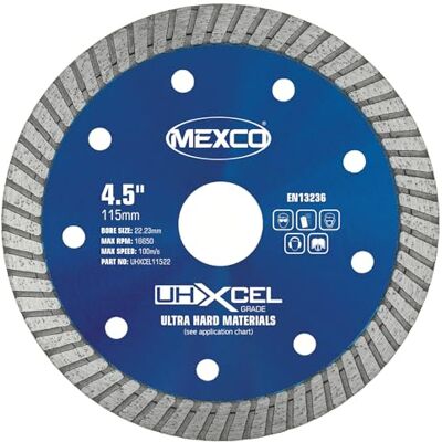 Mexco UHX Ultra Hard Materials Diamond Blade, High-Performance, Precision Cutting Disc for Granite, Porcelain, Marble 115mm, 10mm Segment Height Mexco UHX Ultra Hard Materials Diamond Blade, High-Performance, Precision Cutting Disc for Granite, Porcelain, Marble 115mm, 10mm Segment Height