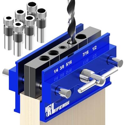 Lifemoda Self Centering Doweling Jig Kit, Drill Jig For Straight Holes Biscuit Joiner Set With 6 Drill Guide Bushings, Adjustable Width Drilling Guide Tool Accessory Jigs (Blue) Lifemoda Self Centering Doweling Jig Kit, Drill Jig For Straight Holes Biscuit Joiner Set With 6 Drill Guide Bushings, Adjustable Width Drilling Guide Tool Accessory Jigs (Blue)