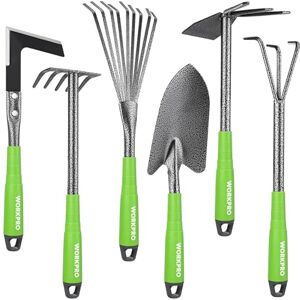 WORKPRO 6-Piece Garden Tool Set with Dual-End Hoe, Three-Pronged Claw, Five-Tooth Rake, Nine-Tooth Leaf Rake, Soil Shovel & Grass Hook, Perfect for Cultivating, Weeding, and Maintaining Garden WORKPRO 6-Piece Garden Tool Set with Dual-End Hoe, Three-Pronged Claw, Five-Tooth Rake, Nine-Tooth Leaf Rake, Soil Shovel & Grass Hook, Perfect for Cultivating, Weeding, and Maintaining Garden