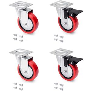 Emuca Red castors kit with Plate-Mounted, Ø75mm (2,95 inch), 2 with Brake and 2 Without Brake, Steel and Plastic Emuca Red castors kit with Plate-Mounted, Ø75mm (2,95 inch), 2 with Brake and 2 Without Brake, Steel and Plastic