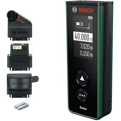Bosch Zamo Laser Measure (Range up to 40 m, USB‑C Rechargeable, Saves Last 10 Measured Values, with line, Wheel and Tape attachments, AAA Rechargeable Batteries, Pouch and Manuals) Bosch Zamo Laser Measure (Range up to 40 m, USB‑C Rechargeable, Saves Last 10 Measured Values, with line, Wheel and Tape attachments, AAA Rechargeable Batteries, Pouch and Manuals)