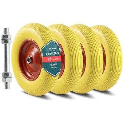 VOUNOT ® Set of 4 Puncture-Proof 4.80/4.00-8 PU Wheelbarrow Wheel 392x92mm, 20mm Bore, with Needle Bearings for Hand Trucks, Carts, and Garden Trailers, Yellow VOUNOT ® Set of 4 Puncture-Proof 4.80/4.00-8 PU Wheelbarrow Wheel 392x92mm, 20mm Bore, with Needle Bearings for Hand Trucks, Carts, and Garden Trailers, Yellow