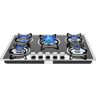 AQIFAND 5 Burner Gas Hob Black Tempered Glass Gas Cooktop 77x51x15cm Built-in Gas on Glass Cooktop, LPG/NG Convertible with 5 Nozzles, Battery Pulse Ignition, for kitchens, restaurant AQIFAND 5 Burner Gas Hob Black Tempered Glass Gas Cooktop 77x51x15cm Built-in Gas on Glass Cooktop, LPG/NG Convertible with 5 Nozzles, Battery Pulse Ignition, for kitchens, restaurant