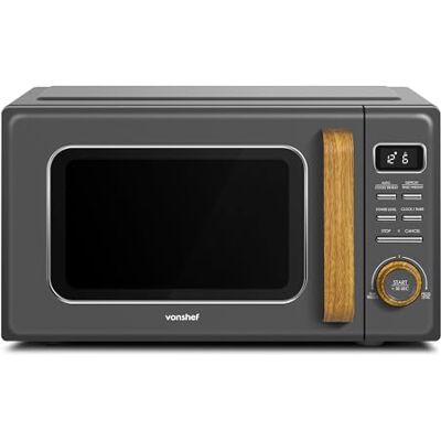 VonShef Digital Microwave 23L Retro Grey & Wood Effect, Fika Range, 900W 11 Power Levels Compact Solo Microwave, 7 Auto Cook Menus & Defrost, 95-Minute Timer, Turntable System, Rotator Ring, Clock VonShef Digital Microwave 23L Retro Grey & Wood Effect, Fika Range, 900W 11 Power Levels Compact Solo Microwave, 7 Auto Cook Menus & Defrost, 95-Minute Timer, Turntable System, Rotator Ring, Clock