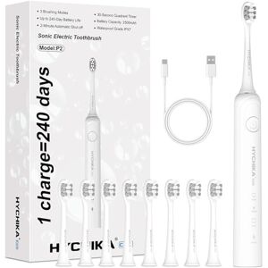 HYCHIKA BETTER TOOLS FOR BETTER LIFE 240 Days Battery Life Electric Toothbrush for Adults,8 Replacement Heads Rechargeable Battery Operated Toothbrush,3 Modes 2-Min Timer,IPX7 Waterproof,Gift for Family,White HYCHIKA BETTER TOOLS FOR BETTER LIFE 240 Days Battery Life Electric Toothbrush for Adults,8 Replacement Heads Rechargeable Battery Operated Toothbrush,3 Modes 2-Min Timer,IPX7 Waterproof,Gift for Family,White
