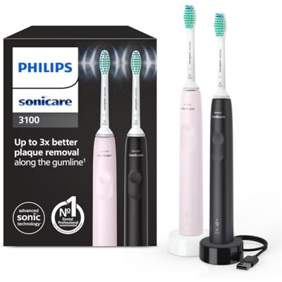 Philips Sonicare 3100 Electric Toothbrush, Sonic Toothbrush, Pressure Sensor and Timer, Sugar Rose and Black, Dual Pack, HX3675/15 Philips Sonicare 3100 Electric Toothbrush, Sonic Toothbrush, Pressure Sensor and Timer, Sugar Rose and Black, Dual Pack, HX3675/15