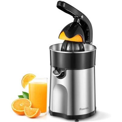 Reemix Electric Citrus Juicer, 85W, 300ml, Stainless Steel Durable 85W orange squeezer with dual cones, anti-drip spout, and 300ml capacity. Ideal for daily fresh citrus juice at home Reemix Electric Citrus Juicer, 85W, 300ml, Stainless Steel Durable 85W orange squeezer with dual cones, anti-drip spout, and 300ml capacity. Ideal for daily fresh citrus juice at home