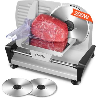 FOHERE Meat Slicer with 2 * 19cm Blade, Electric Bread Slicer Machine for Home Use 200W, Deli Food Cutter, 0-15mm Adjustable Thickness for Cheese, Bread, Include Safety Food Pusher, Silver FOHERE Meat Slicer with 2 * 19cm Blade, Electric Bread Slicer Machine for Home Use 200W, Deli Food Cutter, 0-15mm Adjustable Thickness for Cheese, Bread, Include Safety Food Pusher, Silver